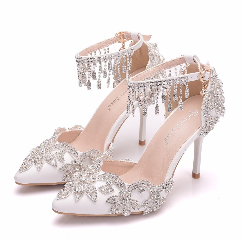 Crystal Queen Women White Tassel Wristband Wedding Shoes Bride High Heels Sandals Female Dress Pumps