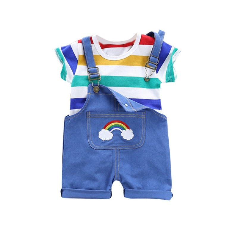 Toddler Baby Boy Clothing Summer Clothes Set Infant Girls Outfits Rainbow Stripe T-shirt+Suspenders Pants Kids Tracksuit Suits