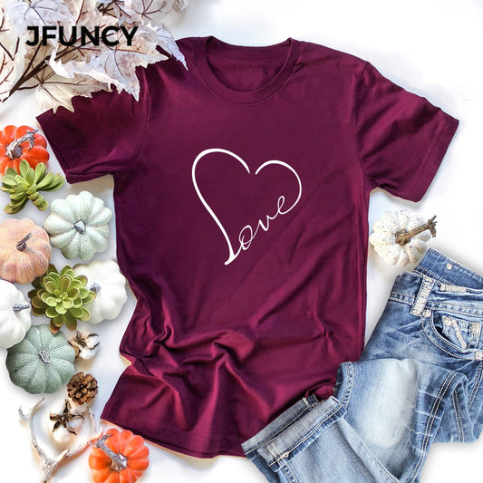 JFUNCY Cotton T-shirt Women Love Print T-shirts Women&#39;s S-5XL Kawaii Harajuku Female Shirts Top Clothes Camiseta Mujer