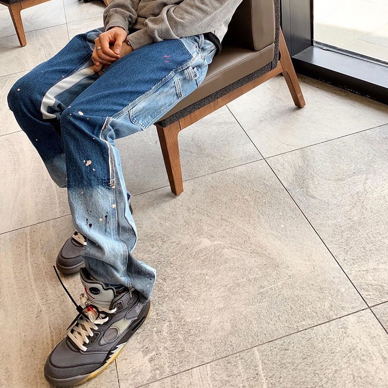 Distressed Splash Ink Flare Jeans Urban Streetwear Patch Mens Graffiti Flared Jeans Hip Hop Washed Blue Slim Fit Denim Pants Men