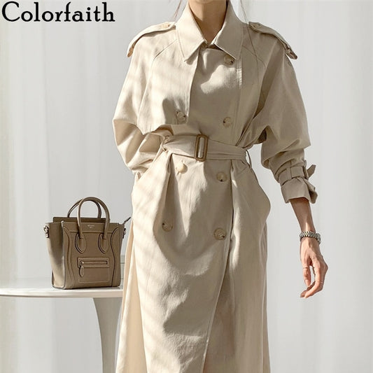 Colorfaith New 2021 Spring Autunm Women's Windbreaker Elegant Buttons Vintage Oversized Lace Up Office Long Trench Tops JK1311