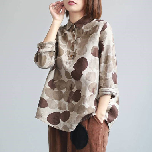 2022 New Spring Women Shirts Long Sleeve Cotton Linen Button Casual Shirts Vintage Polka Dot Print Vintage Blouses Tops P11