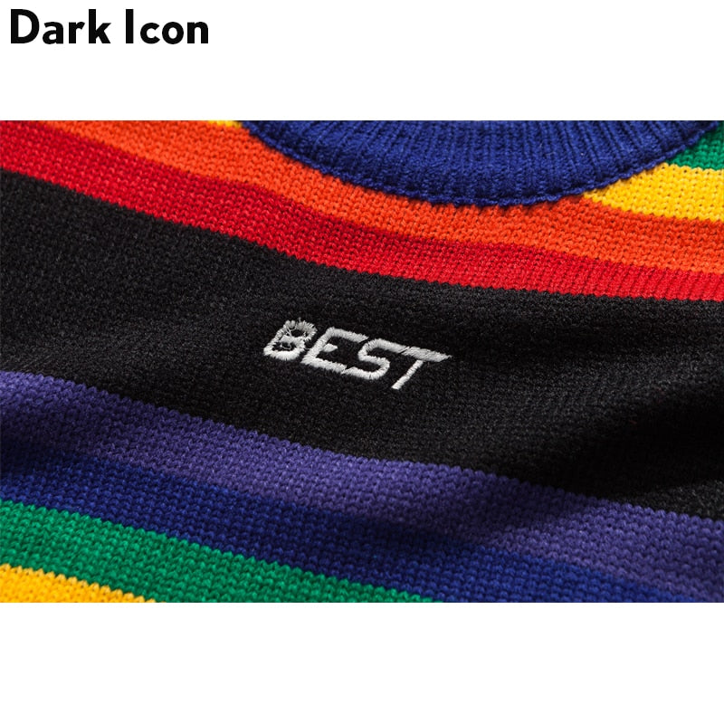 DARK ICON Rainbow Stripe O-neck Pullover Men's Sweater 2019 Winter Letter Embroidery Sweater for Men 2Colors