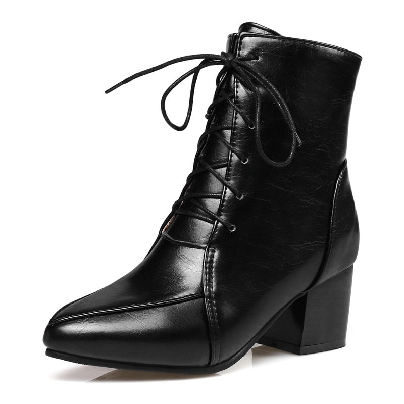 Winter Ankle Boots Pu Leather Women Boots Fashion Мартин сапоги Women Work Shoes Black Round Toe Lace-Up Women Shoes Female Boot
