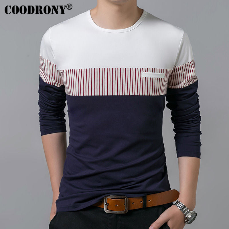 COODRONY T-Shirt Men 2020 Spring Autumn New Long Sleeve O-Neck T Shirt Brand Clothes Fashion Patchwork Pure Cotton Tee Tops 7622