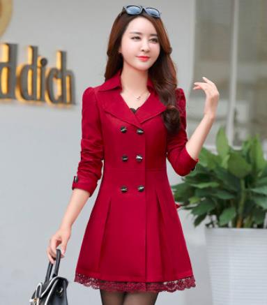 Women&#39;s Coat Spring 2022 Streetwear Trench Overcoat Turn-down Collar Slim Fit Double Breasted Lace Long Female Jacket Clothes