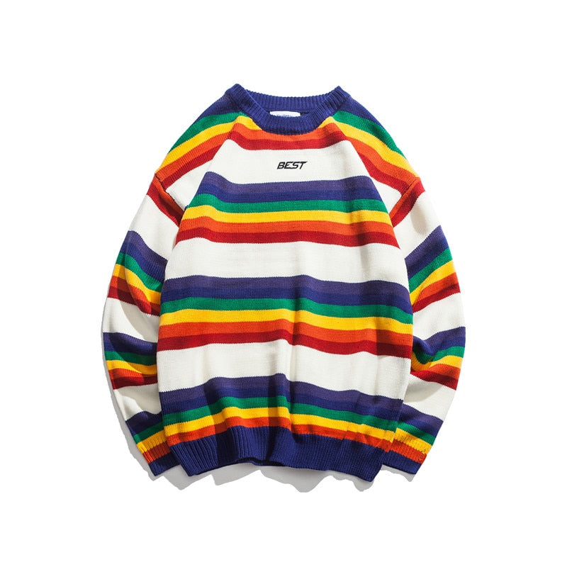 DARK ICON Rainbow Stripe O-neck Pullover Men's Sweater 2019 Winter Letter Embroidery Sweater for Men 2Colors