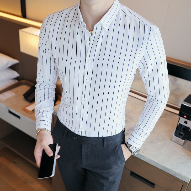 Cheap Business Men Shirt Brand Fashion 2022 Long Sleeve Shirt Men All Match Slim Fit Striped Shirts Men Formal Wear Blouse Homme