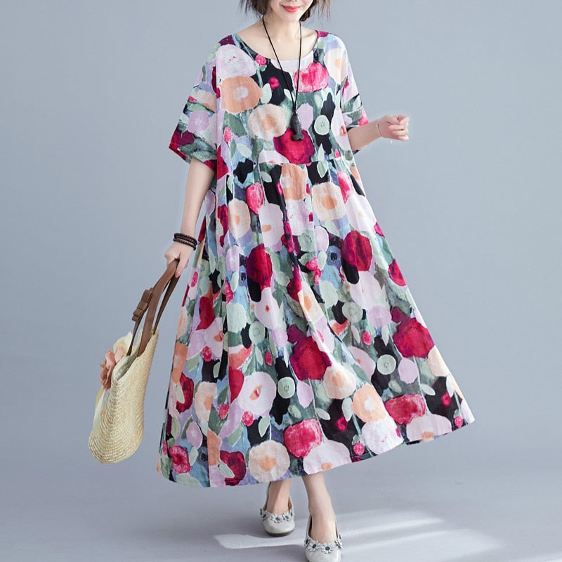 Oversized Summer Floral Boho Dress Women Polka Dot Cotton Long Ladies Dresses Loose Large Robe Femme Beach Dress 2022