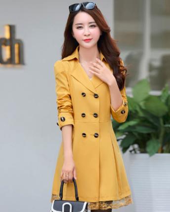 Women&#39;s Coat Spring 2022 Streetwear Trench Overcoat Turn-down Collar Slim Fit Double Breasted Lace Long Female Jacket Clothes