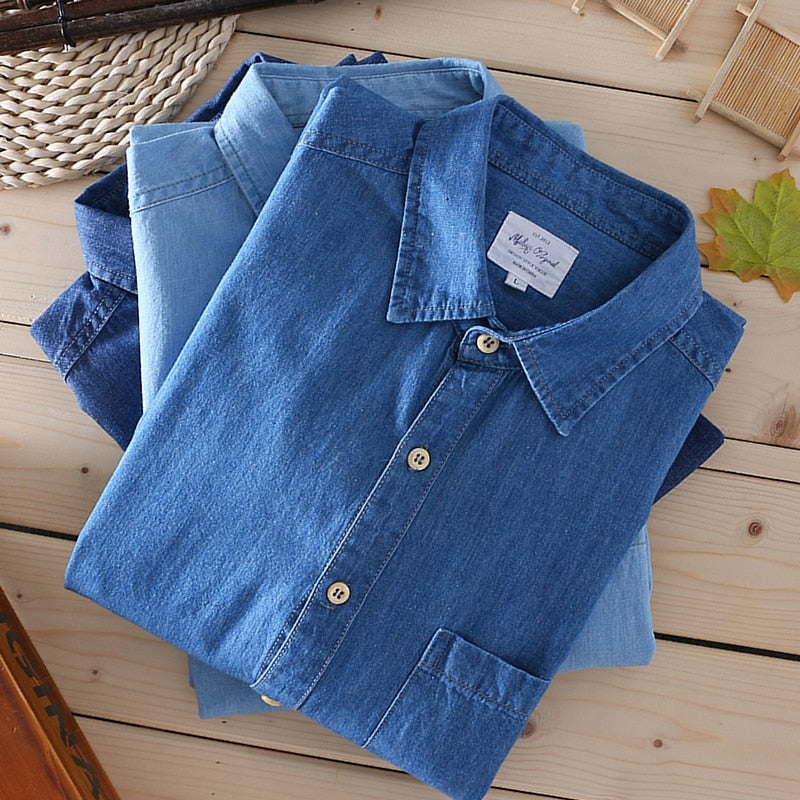 2022 Schinteon Men 100% Slub Cotton Shirt Long Sleeve Casual Denim Comfortable Shirt Autumn New Arrival Jeans