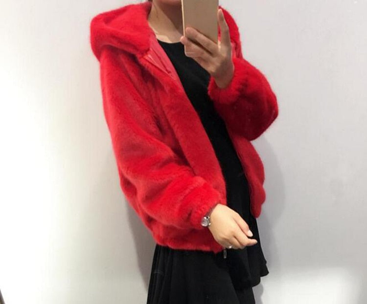 Rabbit imitation fur winter grass mink faux fur coat ladies artificial fur hooded soft plus size 2021 women&#39;s jacket red,4XL,5xl