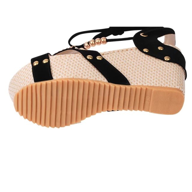 Size 35-39 Fashion Summer Leather Gladiator Women Sandals High Heel String Bead Shoes Wedges Lace Up Black Sweet Open Toe H225