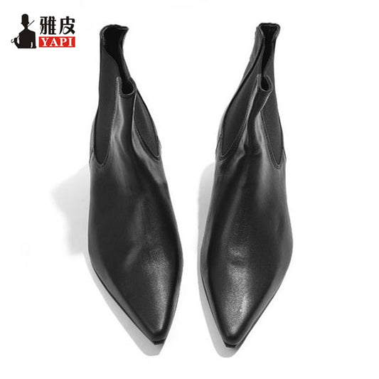 HOT !!! Genuine Leather Men's Pointed Toe Heels Trendy Man Slip-on Riding Boots Winter Heighten Shoes