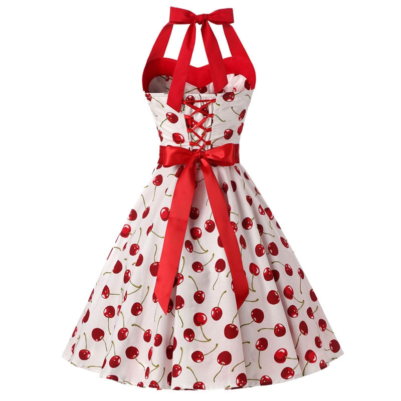 Women Red Cherry Party Dress Vintage 50s Rockabilly Hepburn Dress 2022 Elegant Summer Strapless Swing Retro Halter Pin up Dress