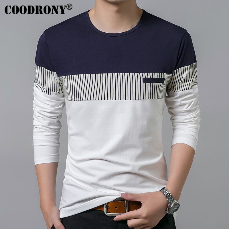 COODRONY T-Shirt Men 2020 Spring Autumn New Long Sleeve O-Neck T Shirt Brand Clothes Fashion Patchwork Pure Cotton Tee Tops 7622