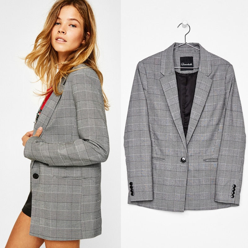 Queechalle 2021 Autumn Suit Blazers Women Office Lady Casual Plaid Blazer Jackets Women&#39;s Elegant Notched Formal Blazer Feminino