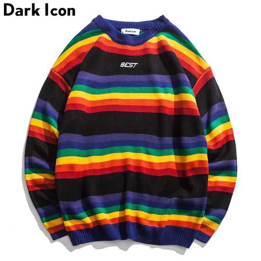 DARK ICON Rainbow Stripe O-neck Pullover Men's Sweater 2019 Winter Letter Embroidery Sweater for Men 2Colors
