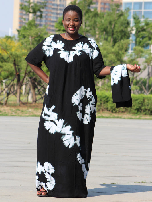 Dashikiage black cotton soft textured comfortable dress with a big scarf