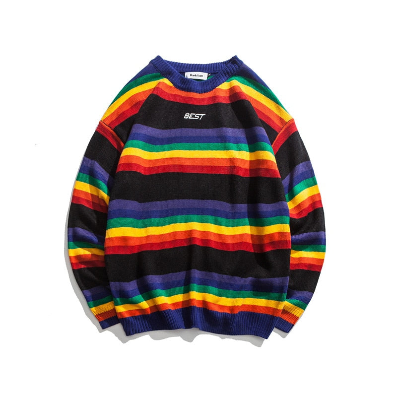 DARK ICON Rainbow Stripe O-neck Pullover Men's Sweater 2019 Winter Letter Embroidery Sweater for Men 2Colors