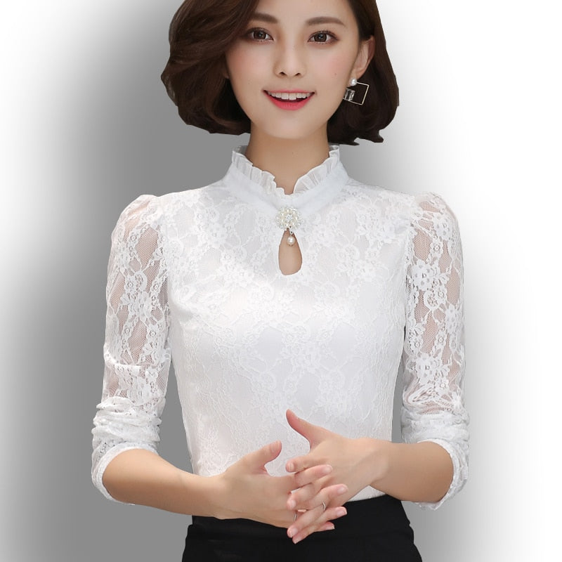 Women&#39;s New Chiffon Lace Blouses Tops Feminine Long Puff Sleeved Shirt Ruffled Button Tops 4XL Blusa Fiminina