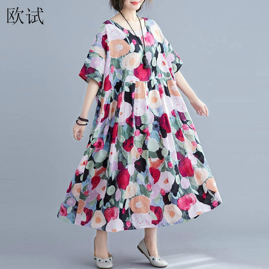 Oversized Summer Floral Boho Dress Women Polka Dot Cotton Long Ladies Dresses Loose Large Robe Femme Beach Dress 2022