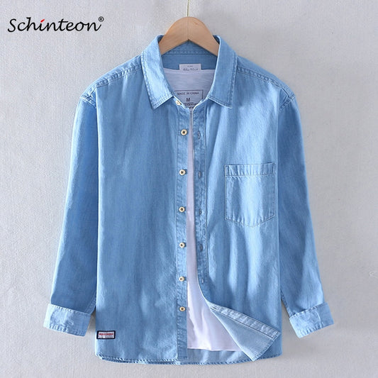 2022 Schinteon Men 100% Slub Cotton Shirt Long Sleeve Casual Denim Comfortable Shirt Autumn New Arrival Jeans
