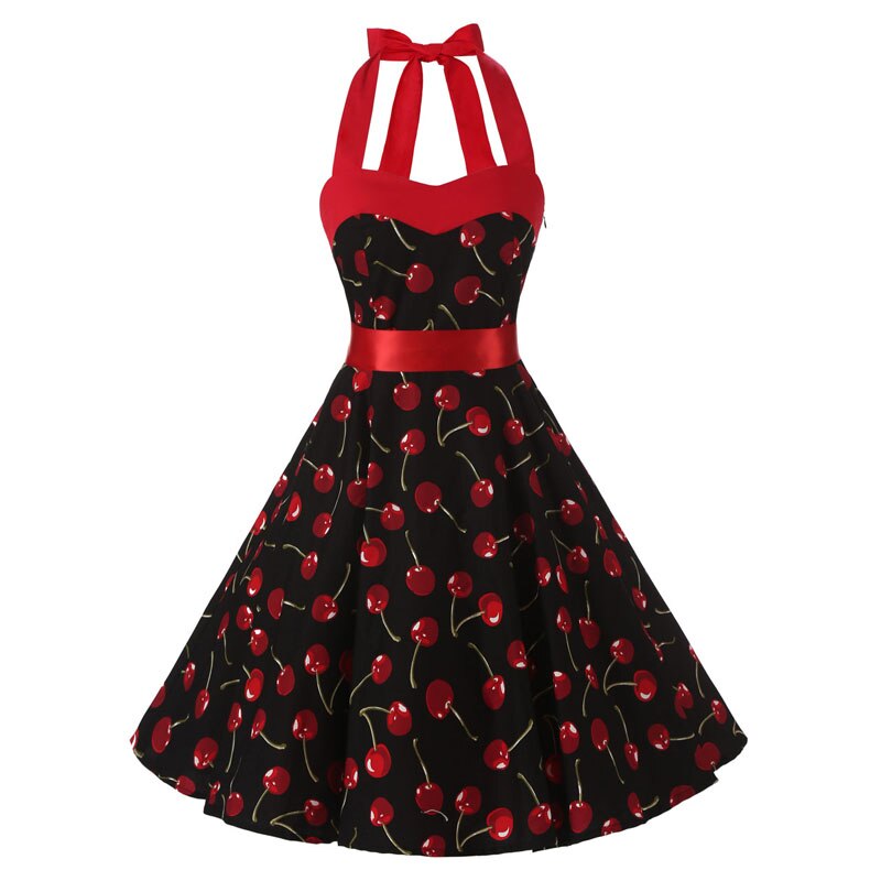 Women Red Cherry Party Dress Vintage 50s Rockabilly Hepburn Dress 2022 Elegant Summer Strapless Swing Retro Halter Pin up Dress