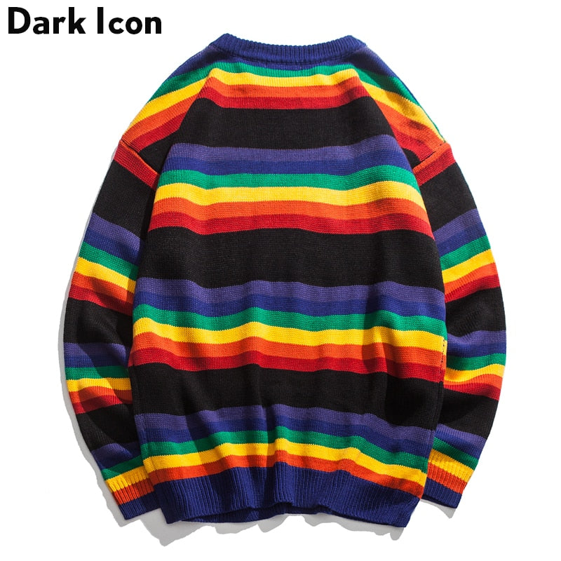 DARK ICON Rainbow Stripe O-neck Pullover Men's Sweater 2019 Winter Letter Embroidery Sweater for Men 2Colors