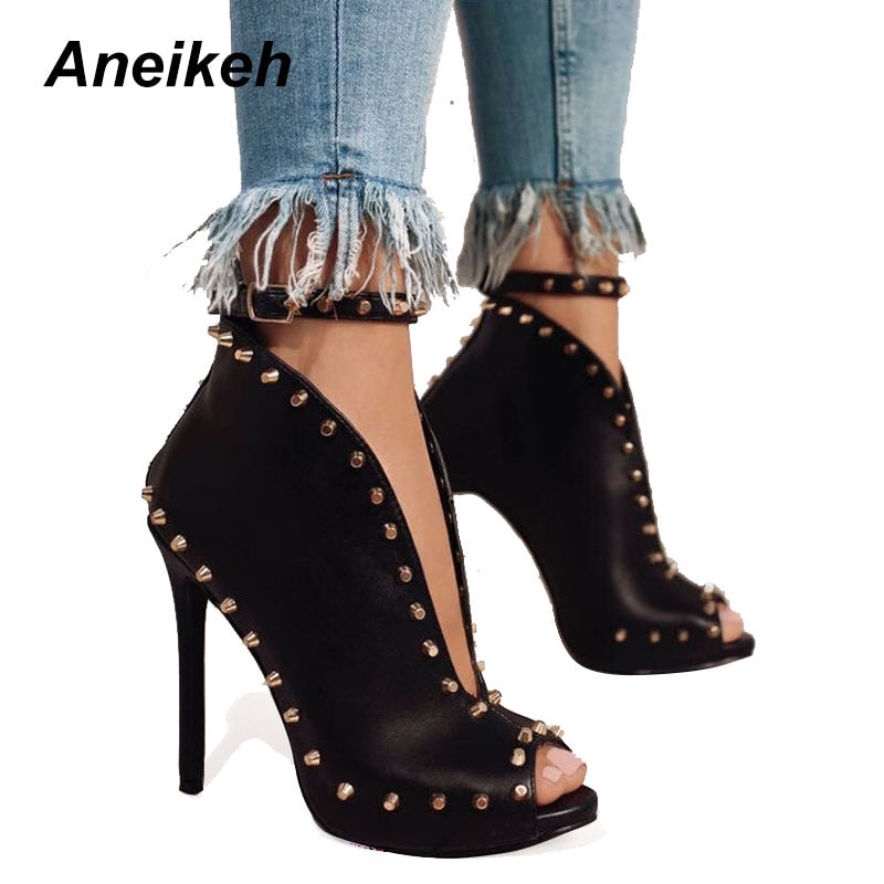 NEW Autumn Women Shoes 2022 Peep Toe Pumps High Heels Women&#39;s Shoes Ankle Boots Rivets Buckle Motorcycle Women&#39;s Pumps Aneikeh