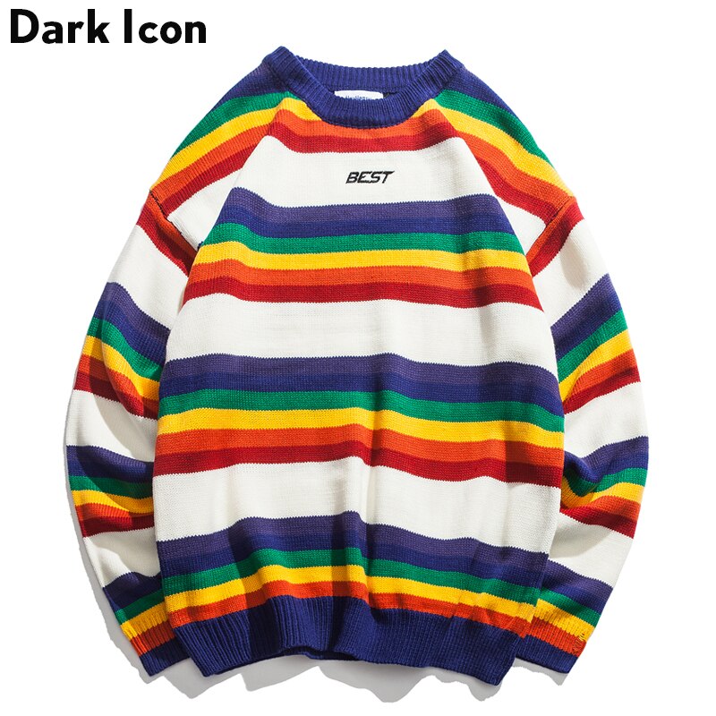 DARK ICON Rainbow Stripe O-neck Pullover Men's Sweater 2019 Winter Letter Embroidery Sweater for Men 2Colors