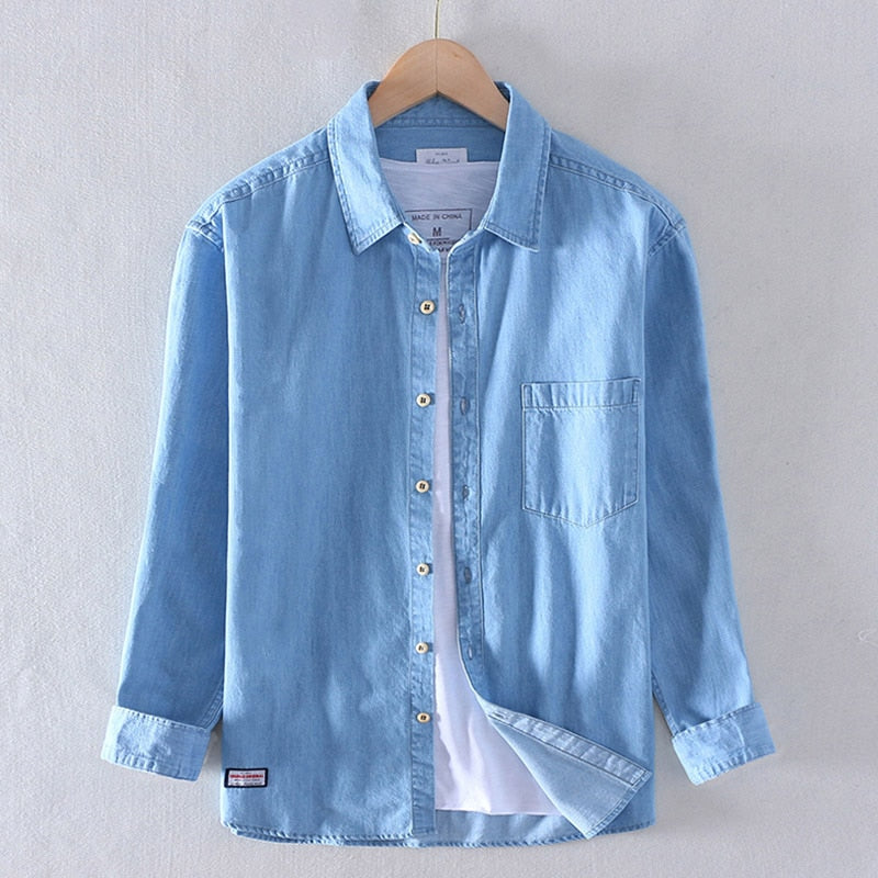 2022 Schinteon Men 100% Slub Cotton Shirt Long Sleeve Casual Denim Comfortable Shirt Autumn New Arrival Jeans