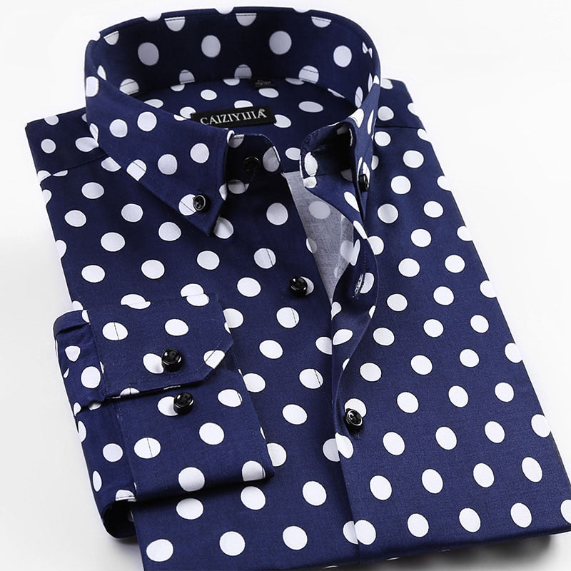 Men's Polka Dot Printing Long Sleeve Shirt Fashion Male Dress Shirts Casual Formal Cotton Black White Dots Youth Clothing