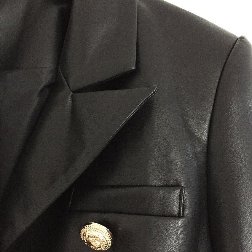 Newest Fall Winter 2022 Designer Blazer Jacket Women&#39;s Lion Metal Buttons Double Breasted Synthetic Leather Blazer Overcoat