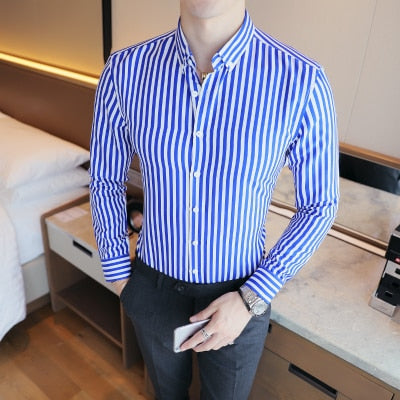 Cheap Business Men Shirt Brand Fashion 2022 Long Sleeve Shirt Men All Match Slim Fit Striped Shirts Men Formal Wear Blouse Homme