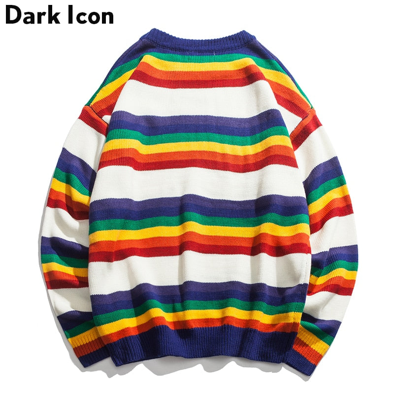 DARK ICON Rainbow Stripe O-neck Pullover Men's Sweater 2019 Winter Letter Embroidery Sweater for Men 2Colors