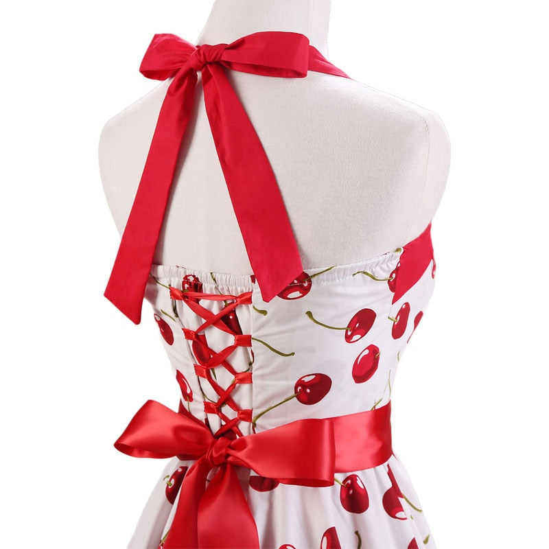 Women Red Cherry Party Dress Vintage 50s Rockabilly Hepburn Dress 2022 Elegant Summer Strapless Swing Retro Halter Pin up Dress