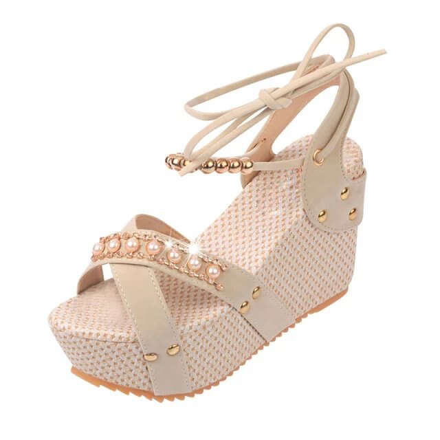 Size 35-39 Fashion Summer Leather Gladiator Women Sandals High Heel String Bead Shoes Wedges Lace Up Black Sweet Open Toe H225