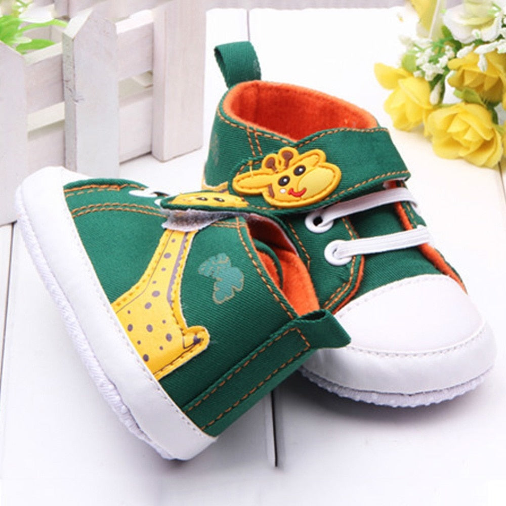 Fashion Baby Shoes Boy Girls Cartoon Printed Giraffe Canvas Anti-slip Infant Soft Sole High First Walkers