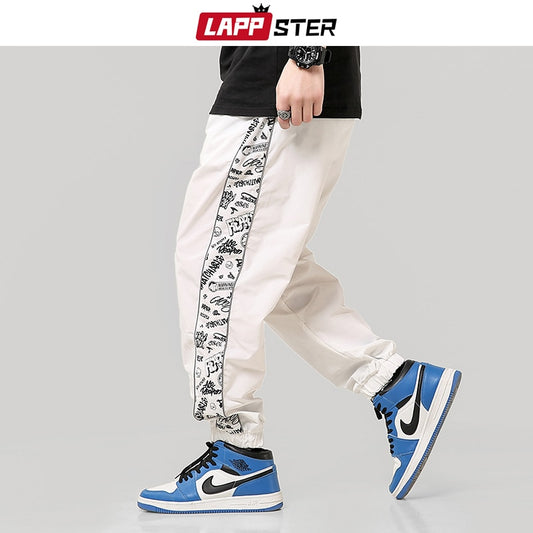 LAPPSTER Men Patchwork Harem Pants Hip Hop Sweatpants 2022 Mens Streetwear White Joggers Pants Vintage Track Pants Plus Size INS