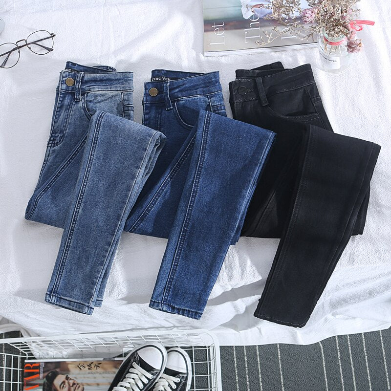 Plus Size Button fly Women Jeans High Waist Blue Pants Jeans for Women High Elastic Skinny Stretchy Women Pants Lift Hips
