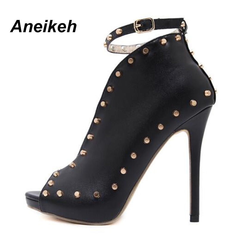 NEW Autumn Women Shoes 2022 Peep Toe Pumps High Heels Women&#39;s Shoes Ankle Boots Rivets Buckle Motorcycle Women&#39;s Pumps Aneikeh