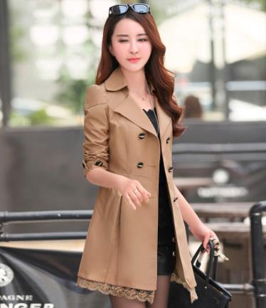 Women&#39;s Coat Spring 2022 Streetwear Trench Overcoat Turn-down Collar Slim Fit Double Breasted Lace Long Female Jacket Clothes