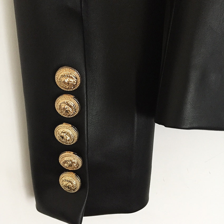 Newest Fall Winter 2022 Designer Blazer Jacket Women&#39;s Lion Metal Buttons Double Breasted Synthetic Leather Blazer Overcoat