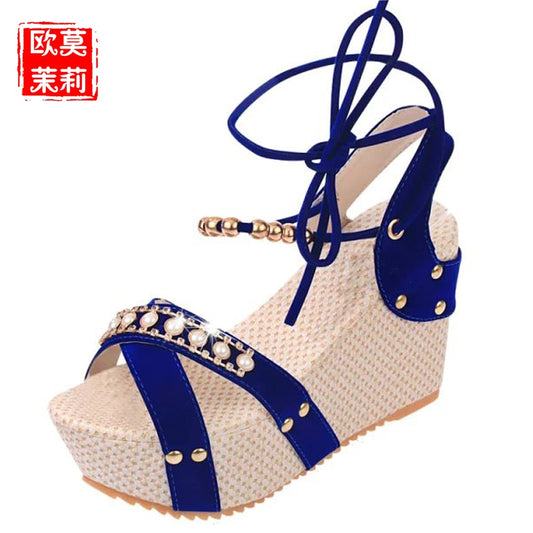 Size 35-39 Fashion Summer Leather Gladiator Women Sandals High Heel String Bead Shoes Wedges Lace Up Black Sweet Open Toe H225
