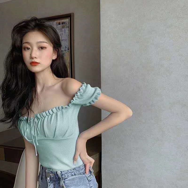 HELIAR Women Knitted Tops Drawstring Ruffles Crop Tees Crop Top Women Off Shoulder Tees Female Y2K Tops For Women 2021 Summer