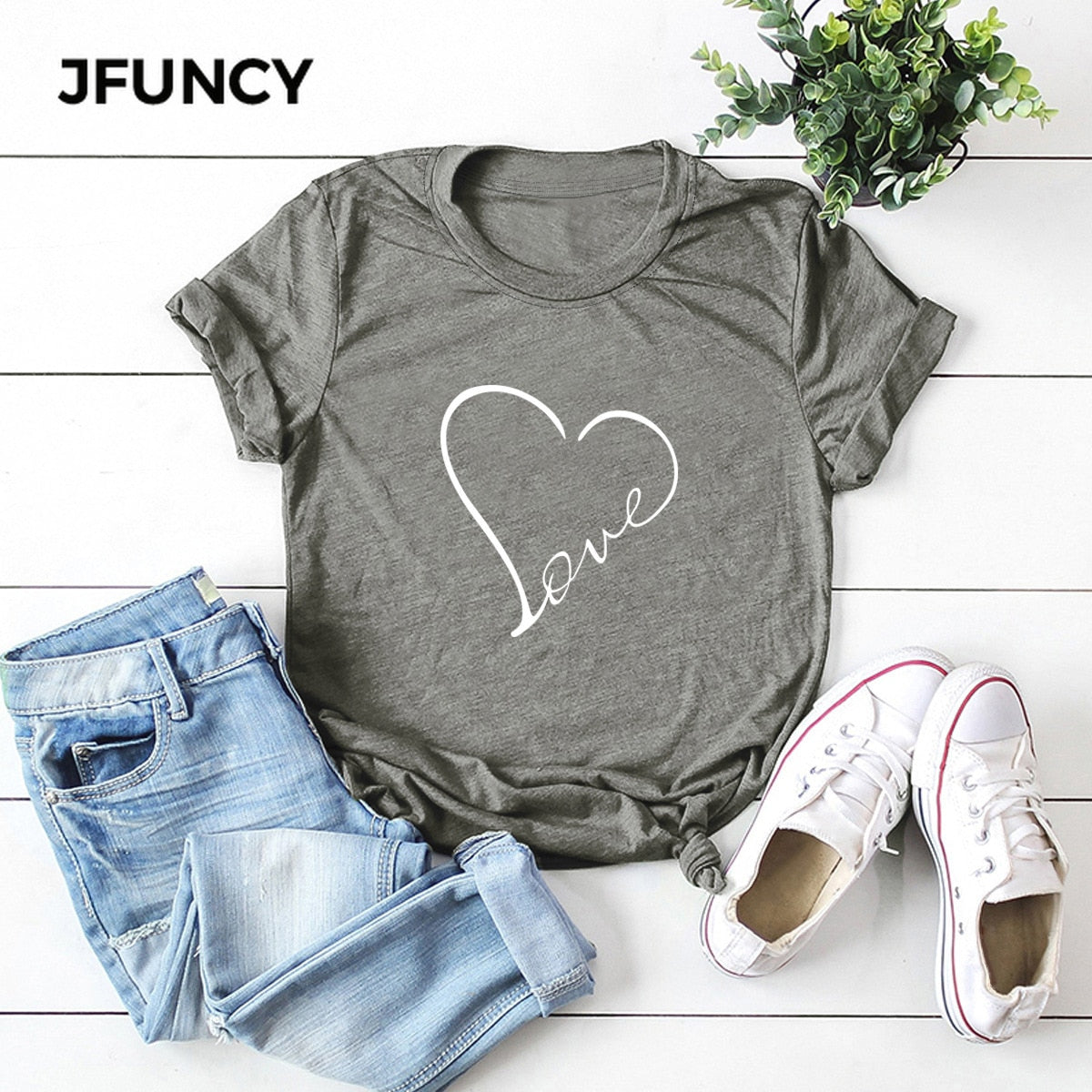 JFUNCY Cotton T-shirt Women Love Print T-shirts Women&#39;s S-5XL Kawaii Harajuku Female Shirts Top Clothes Camiseta Mujer