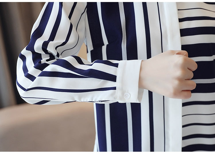 Long Sleeve Women Blouses Shirts Blouse Women 2021 Turn Down Collar Office Blouse For Women Striped Chiffon Blouse Shirt B648