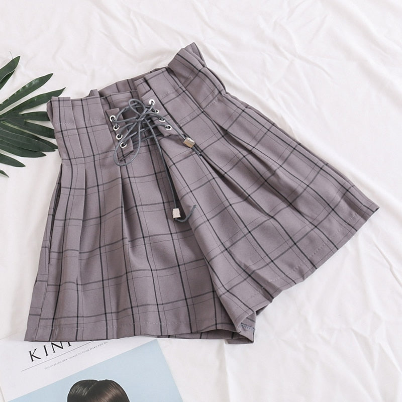 HELIAR 2022 Spring Women Plaid Shorts Elastic Waist Drawstring Wide Leg Shorts With Saches High Waist Shorts For Women