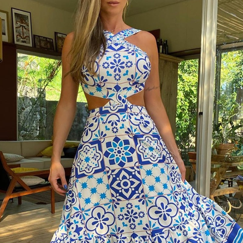 Vintage Printed Dresses Summer 2020 Women Sleeveless Halter Sexy Long Dress A-Line Elegant Woman Pary Dress